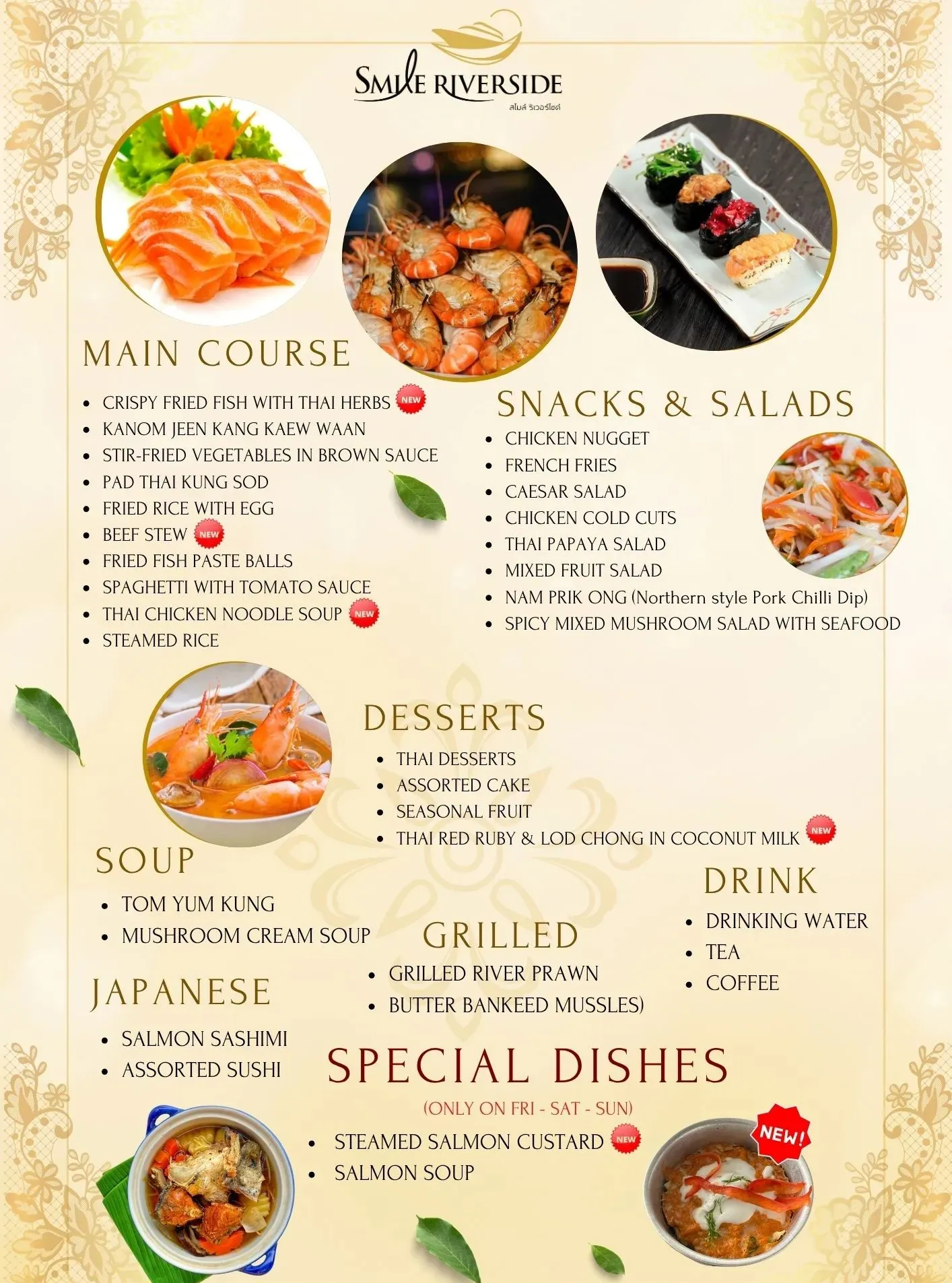 smile riverside bangkok dinner cruise in Thailand menu